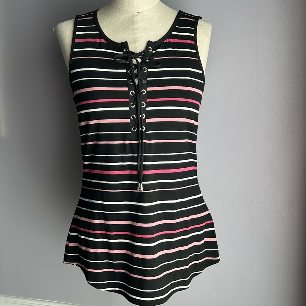 White House Black Market fitted striped lace up tank top with grommets